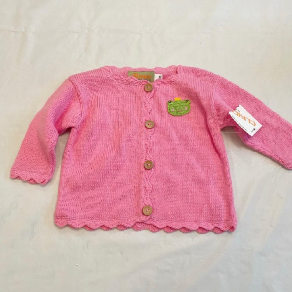 Claver | Baby Girl 6m Pink Knit Cotton Cardigan Sweater Embroider Frog Princess